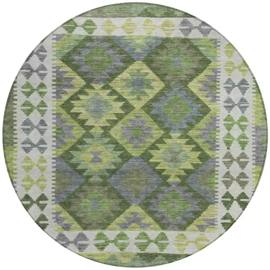 8' Olive Green Ivory And Gray Round Tribal Washable Indoor Outdoor Area Rug Photo 3