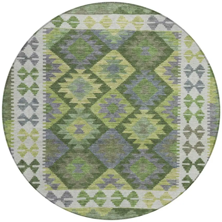 8' Olive Green Ivory And Gray Round Tribal Washable Indoor Outdoor Area Rug Photo 3
