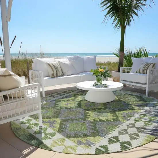 8' Olive Green Ivory And Gray Round Tribal Washable Indoor Outdoor Area Rug Photo 5