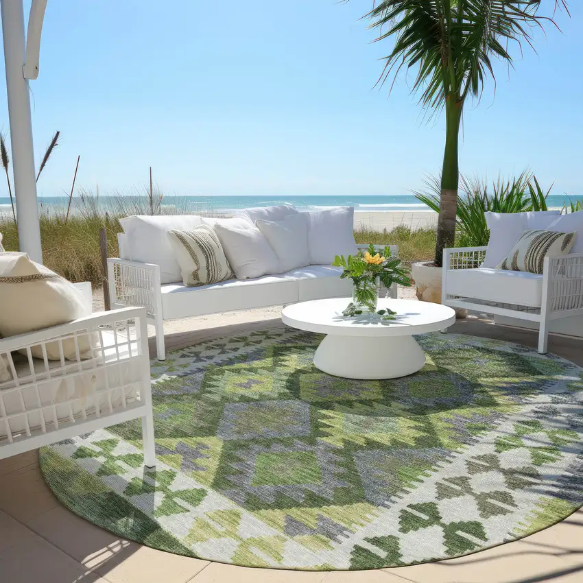 8' Olive Green Ivory And Gray Round Tribal Washable Indoor Outdoor Area Rug Photo 5