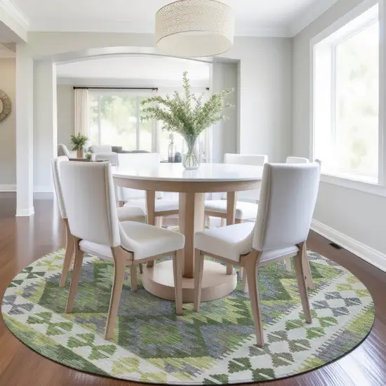 8' Olive Green Ivory And Gray Round Tribal Washable Indoor Outdoor Area Rug Photo 6