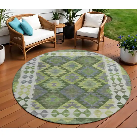 8' Olive Green Ivory And Gray Round Tribal Washable Indoor Outdoor Area Rug Photo 2