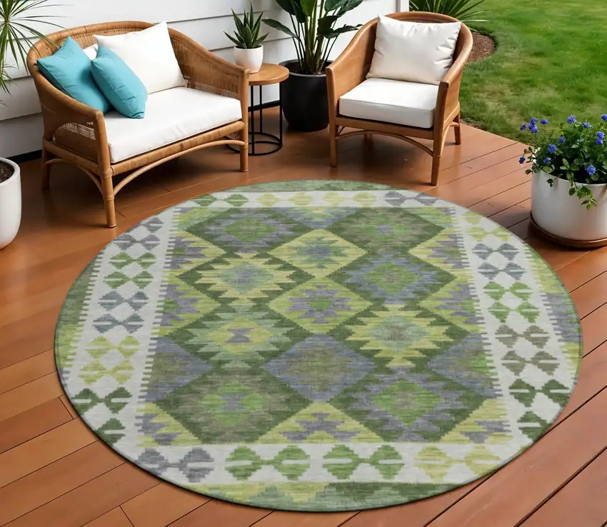 8' Olive Green Ivory And Gray Round Tribal Washable Indoor Outdoor Area Rug Photo 2
