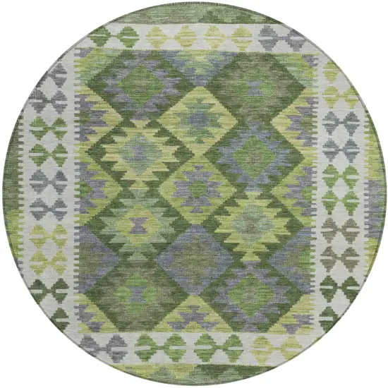 8' Olive Green Ivory And Gray Round Tribal Washable Indoor Outdoor Area Rug Photo 1