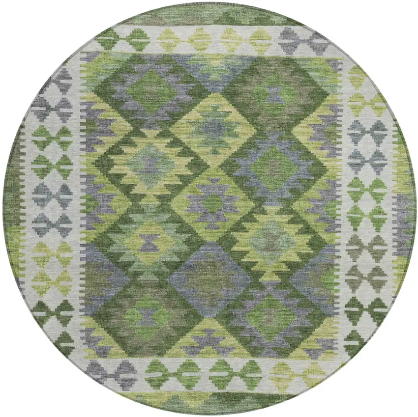 8' Olive Green Ivory And Gray Round Tribal Washable Indoor Outdoor Area Rug Photo 1