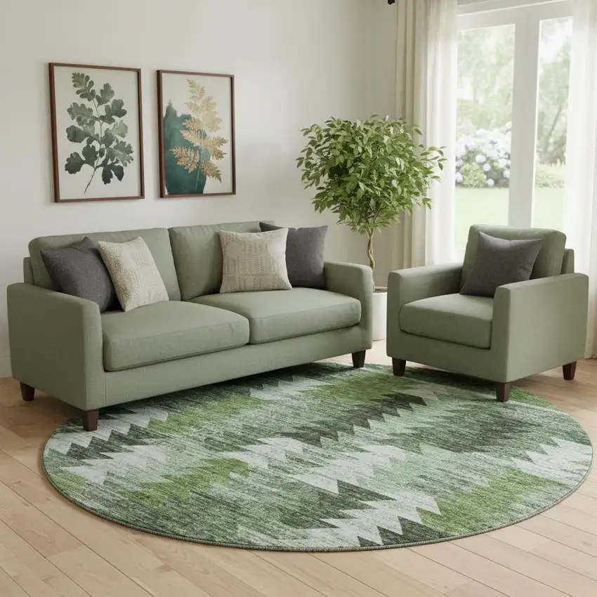 8' Olive Green Ivory And Gray Southwestern Washable Round Rug With UV Protection Photo 1