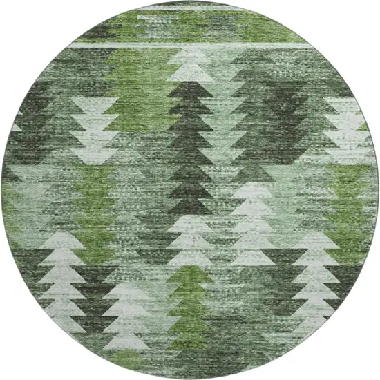 8' Olive Green Ivory And Gray Southwestern Washable Round Rug With UV Protection Photo 1