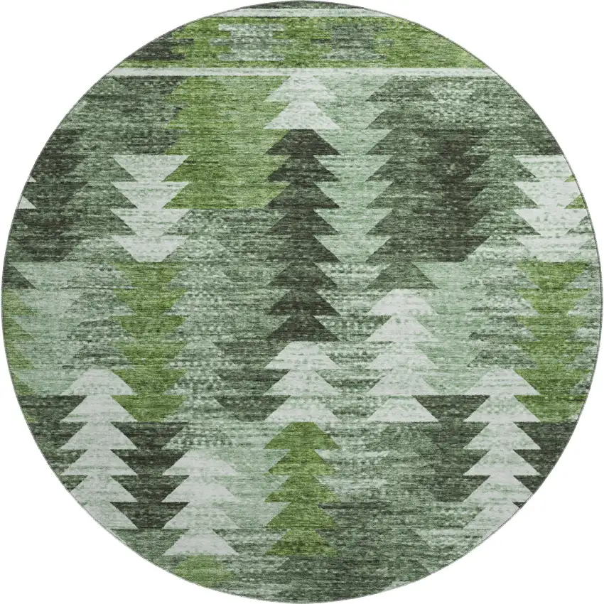8' Olive Green Ivory And Gray Southwestern Washable Round Rug With UV Protection Photo 1