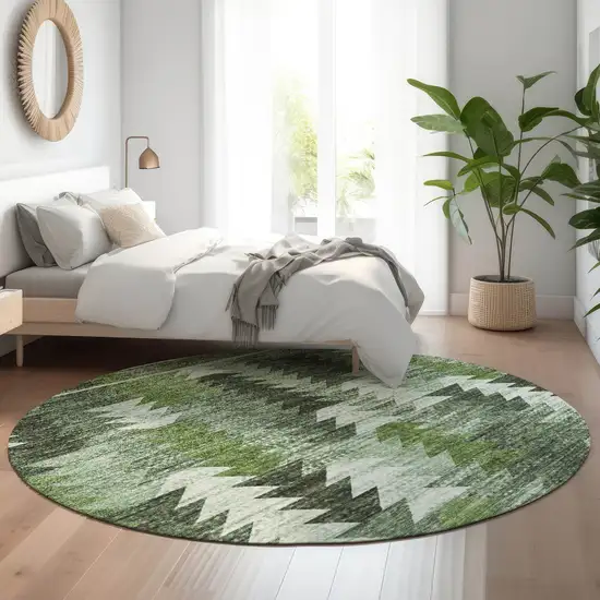 8' Olive Green Ivory And Gray Southwestern Washable Round Rug With UV Protection Photo 5