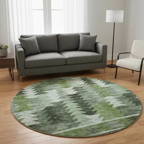 8' Olive Green Ivory And Gray Southwestern Washable Round Rug With UV Protection Photo 2