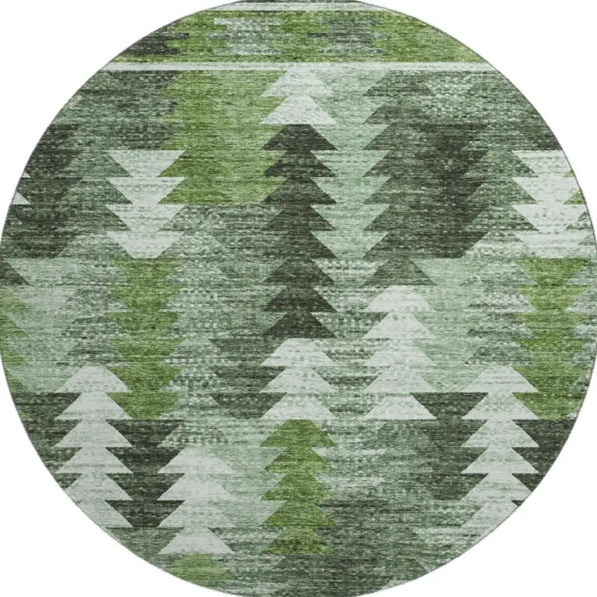 8' Olive Green Ivory And Gray Southwestern Washable Round Rug With UV Protection Photo 4