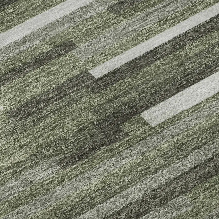 8' Olive Green Ivory And Gray Striped Washable Round Rug With UV Protection Photo 9