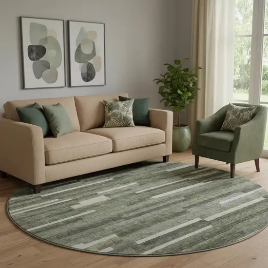 8' Olive Green Ivory And Gray Striped Washable Round Rug With UV Protection Photo 1