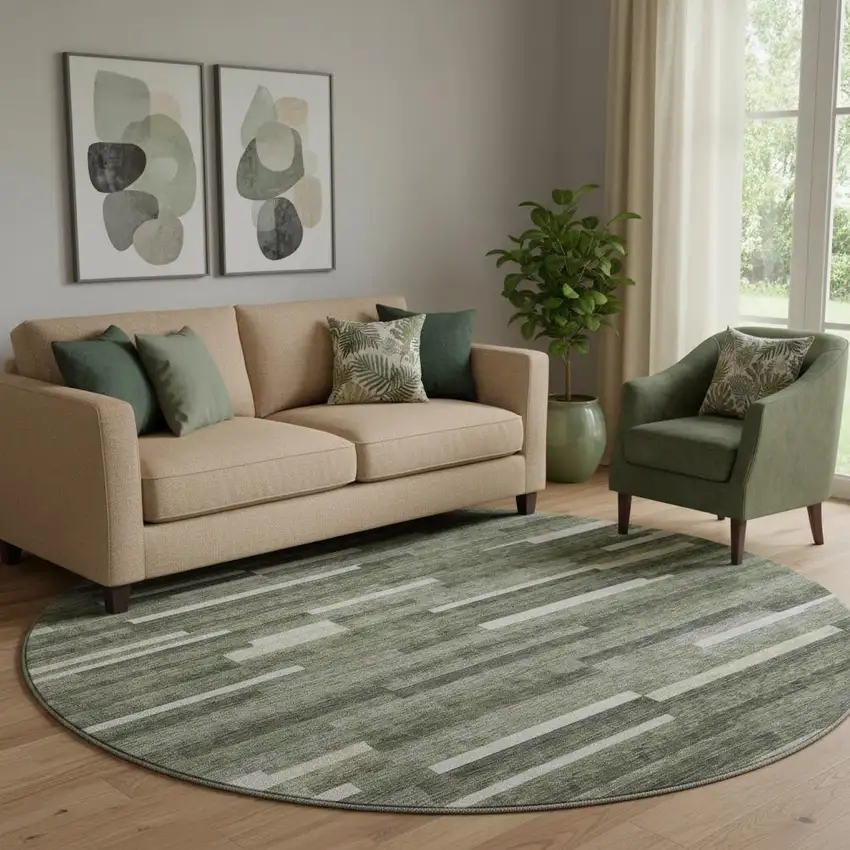 8' Olive Green Ivory And Gray Striped Washable Round Rug With UV Protection Photo 1