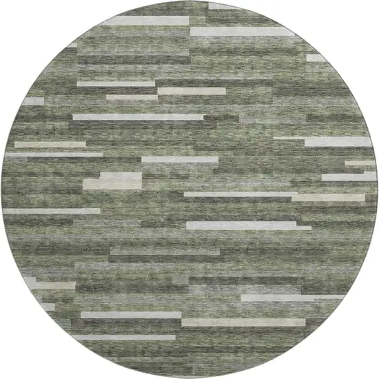 8' Olive Green Ivory And Gray Striped Washable Round Rug With UV Protection Photo 1