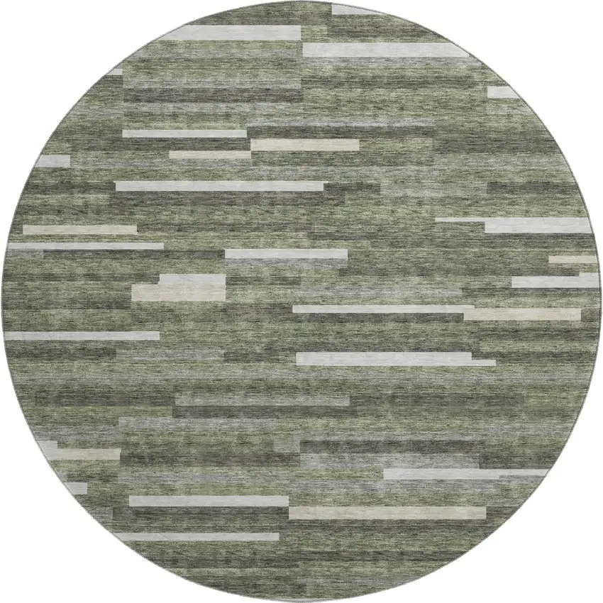 8' Olive Green Ivory And Gray Striped Washable Round Rug With UV Protection Photo 1