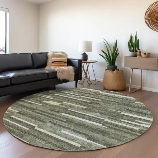 8' Olive Green Ivory And Gray Striped Washable Round Rug With UV Protection Photo 5