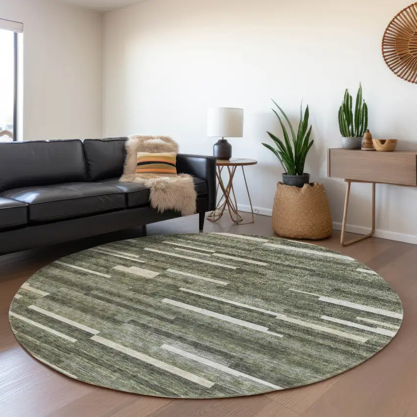 8' Olive Green Ivory And Gray Striped Washable Round Rug With UV Protection Photo 5