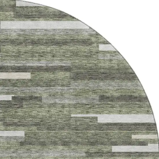 8' Olive Green Ivory And Gray Striped Washable Round Rug With UV Protection Photo 3