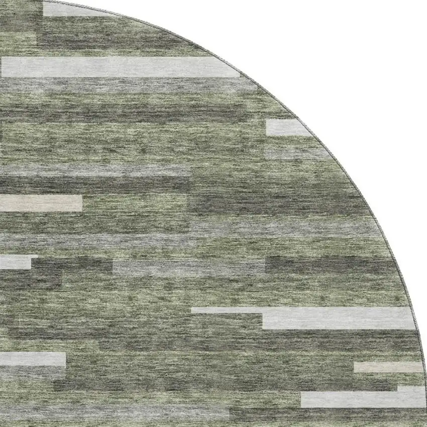 8' Olive Green Ivory And Gray Striped Washable Round Rug With UV Protection Photo 3