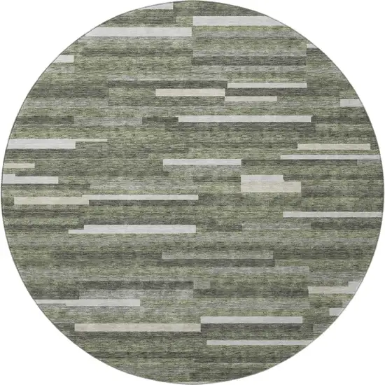 8' Olive Green Ivory And Gray Striped Washable Round Rug With UV Protection Photo 4