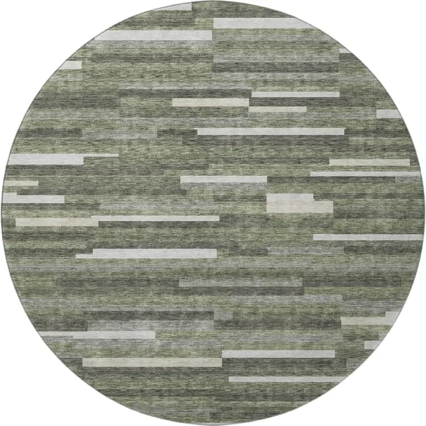 8' Olive Green Ivory And Gray Striped Washable Round Rug With UV Protection Photo 4