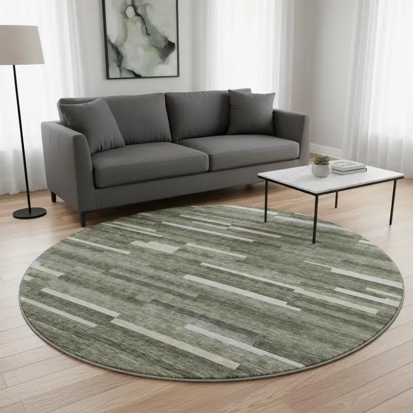 8' Olive Green Ivory And Gray Striped Washable Round Rug With UV Protection Photo 2