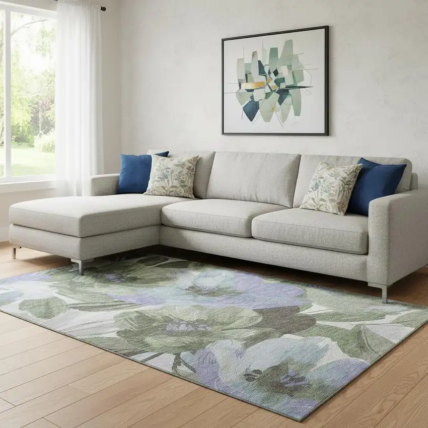 8' Olive Green Ivory And Lavender Floral Washable Area Rug With UV Protection Photo 2