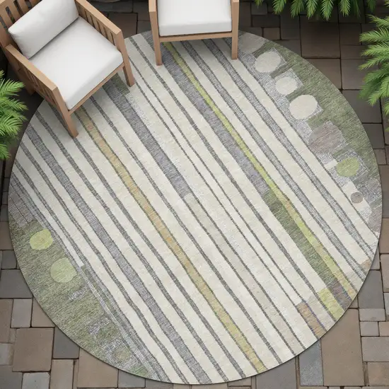 8' Olive Green Ivory And Lavender Round Geometric Washable Indoor Outdoor Area Rug Photo 6