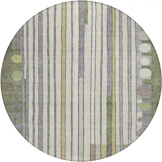 8' Olive Green Ivory And Lavender Round Geometric Washable Indoor Outdoor Area Rug Photo 1