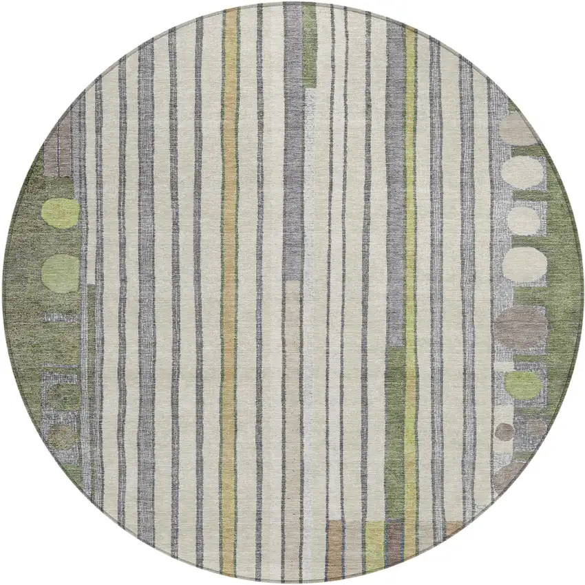 8' Olive Green Ivory And Lavender Round Geometric Washable Indoor Outdoor Area Rug Photo 1