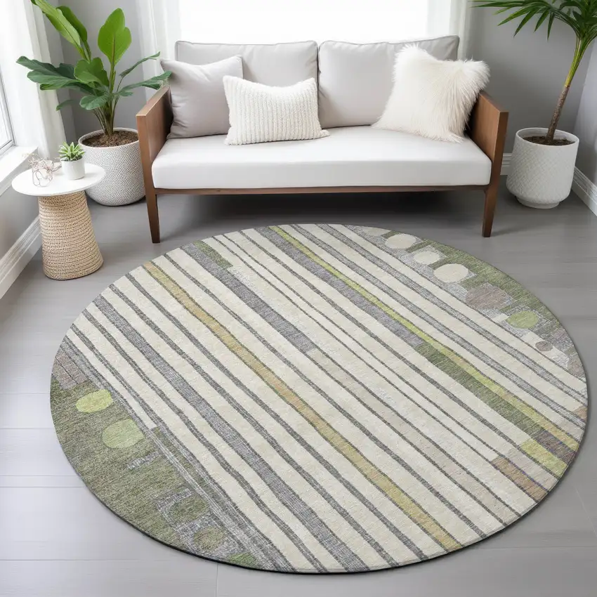 8' Olive Green Ivory And Lavender Round Geometric Washable Indoor Outdoor Area Rug Photo 7