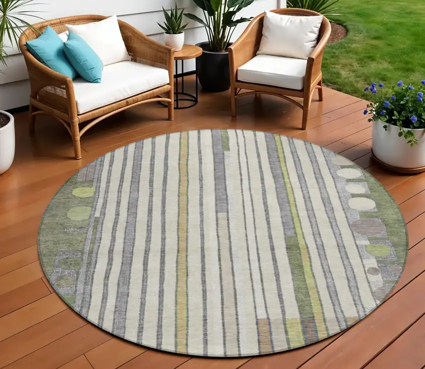 8' Olive Green Ivory And Lavender Round Geometric Washable Indoor Outdoor Area Rug Photo 2
