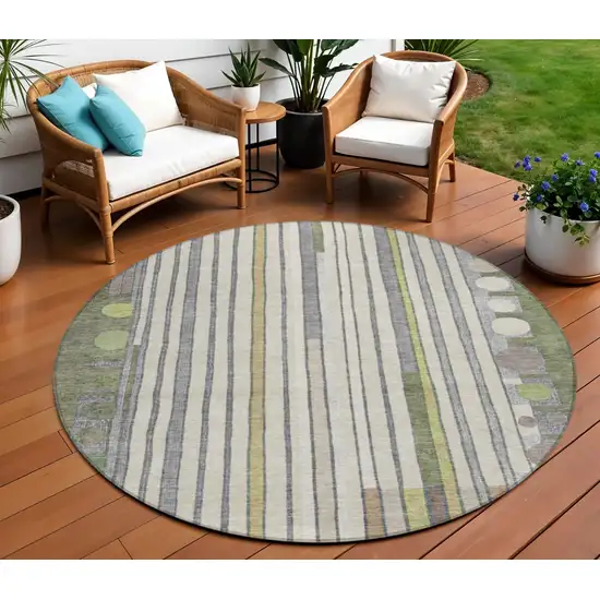 8' Olive Green Ivory And Lavender Round Geometric Washable Indoor Outdoor Area Rug Photo 2