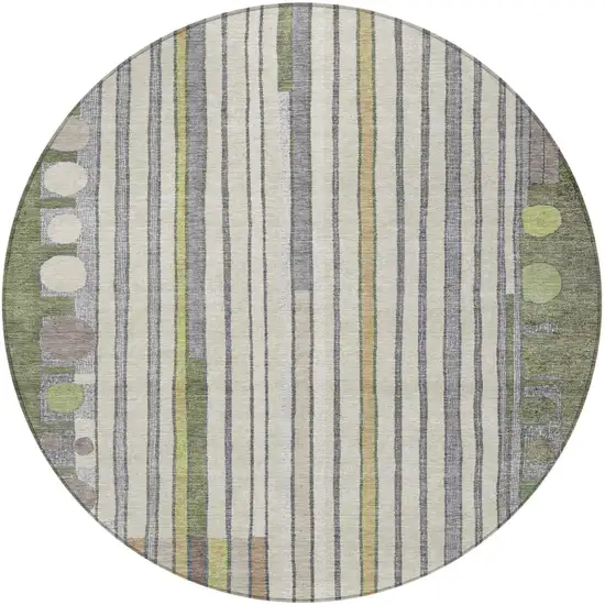 8' Olive Green Ivory And Lavender Round Geometric Washable Indoor Outdoor Area Rug Photo 3