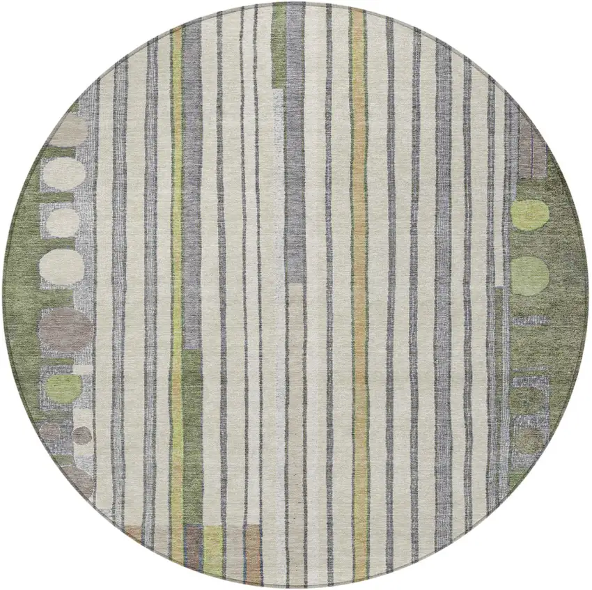 8' Olive Green Ivory And Lavender Round Geometric Washable Indoor Outdoor Area Rug Photo 3