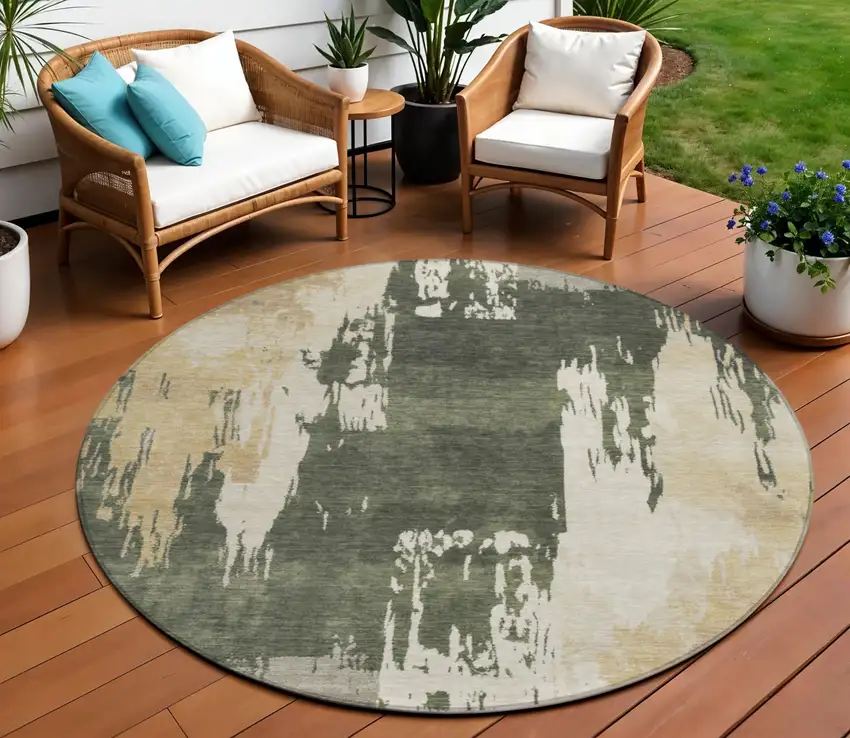 8' Olive Green Ivory And Tan Round Abstract Washable Indoor Outdoor Area Rug Photo 1