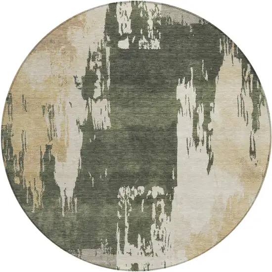 8' Olive Green Ivory And Tan Round Abstract Washable Indoor Outdoor Area Rug Photo 2