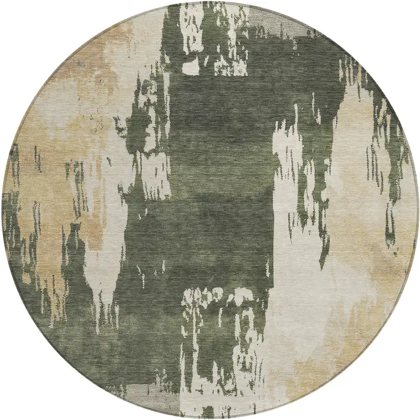8' Olive Green Ivory And Tan Round Abstract Washable Indoor Outdoor Area Rug Photo 2