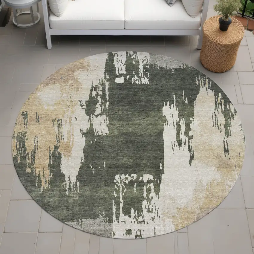8' Olive Green Ivory And Tan Round Abstract Washable Indoor Outdoor Area Rug Photo 7