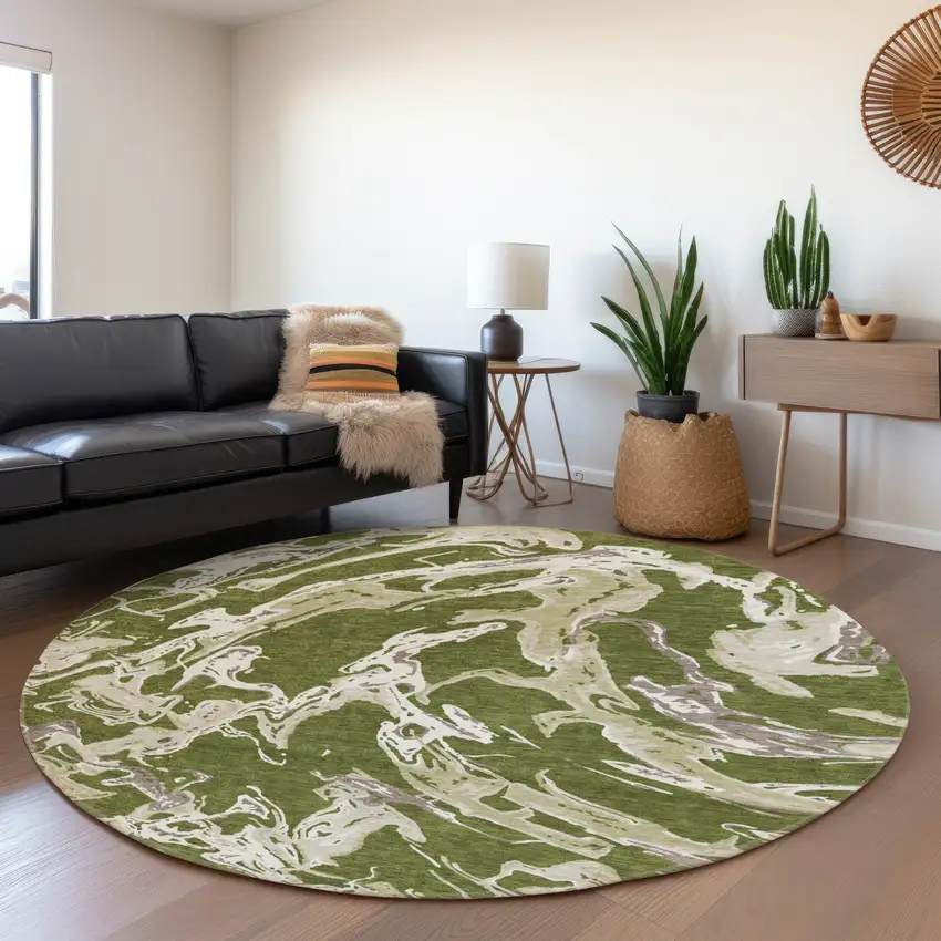 8' Olive Green Ivory And Taupe Abstract Washable Round Rug With UV Protection Photo 4