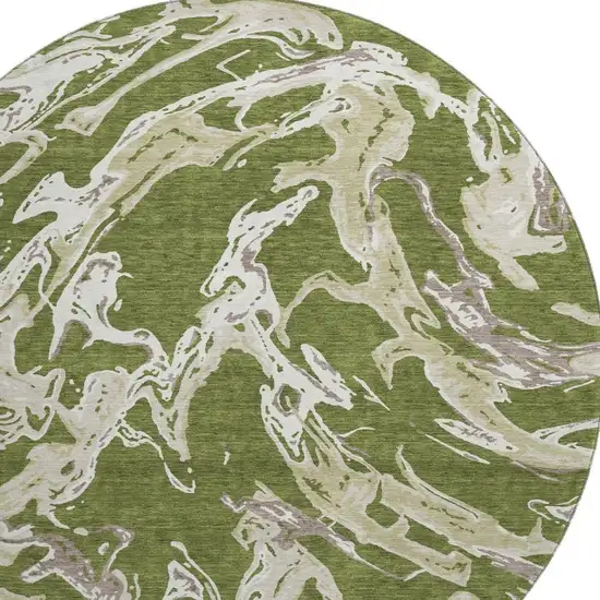 8' Olive Green Ivory And Taupe Abstract Washable Round Rug With UV Protection Photo 3