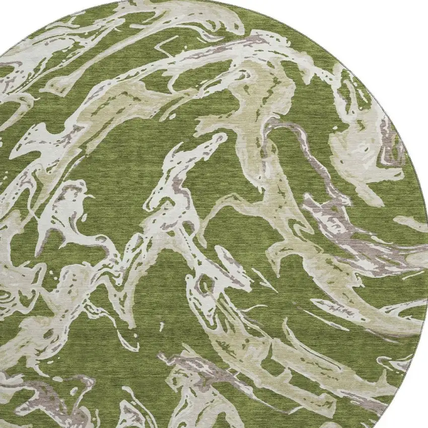8' Olive Green Ivory And Taupe Abstract Washable Round Rug With UV Protection Photo 3