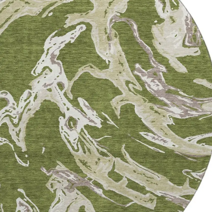 8' Olive Green Ivory And Taupe Abstract Washable Round Rug With UV Protection Photo 2
