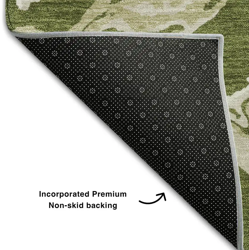 8' Olive Green Ivory And Taupe Abstract Washable Round Rug With UV Protection Photo 5