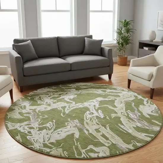 8' Olive Green Ivory And Taupe Abstract Washable Round Rug With UV Protection Photo 2