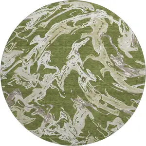 Photo of 8' Olive Green Ivory And Taupe Abstract Washable Round Rug With UV Protection