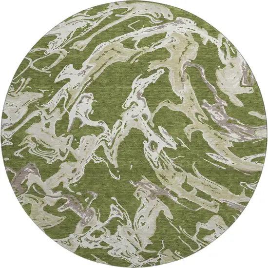 8' Olive Green Ivory And Taupe Abstract Washable Round Rug With UV Protection Photo 1