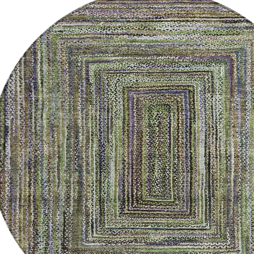 8' Olive Green Lavender And Fern Green Round Geometric Washable Indoor Outdoor Area Rug Photo 8