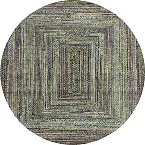 Photo of 8' Olive Green Lavender And Fern Green Round Geometric Washable Indoor Outdoor Area Rug